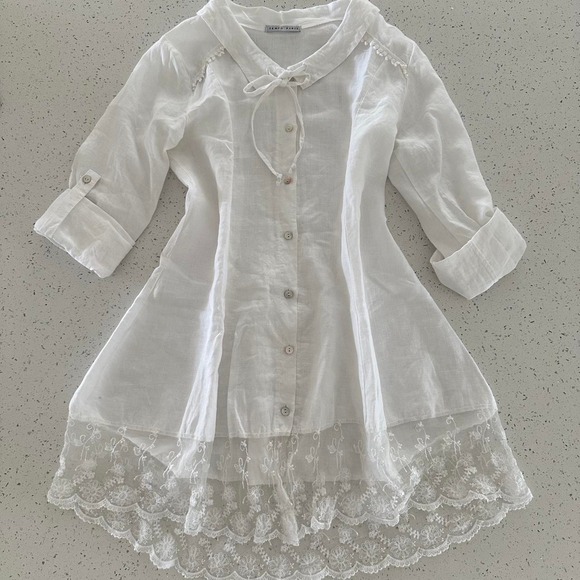 Tempo Paris Tops - Tempo Paris White 100% Linen Lace Trim Tunic Top Boho Made in Italy S 7